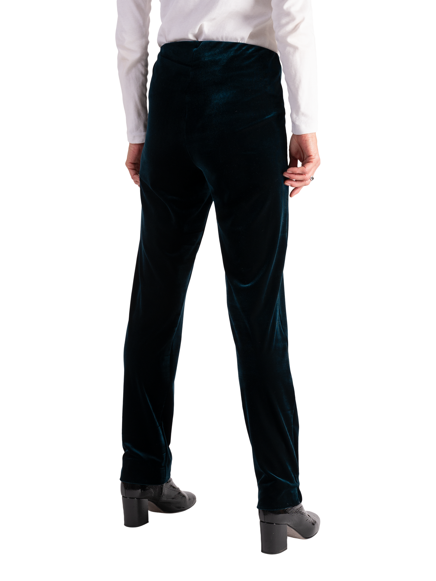 Product image 2 of 5, which shows chesca Stretch Velvet Slim Trousers, Teal, 12-14