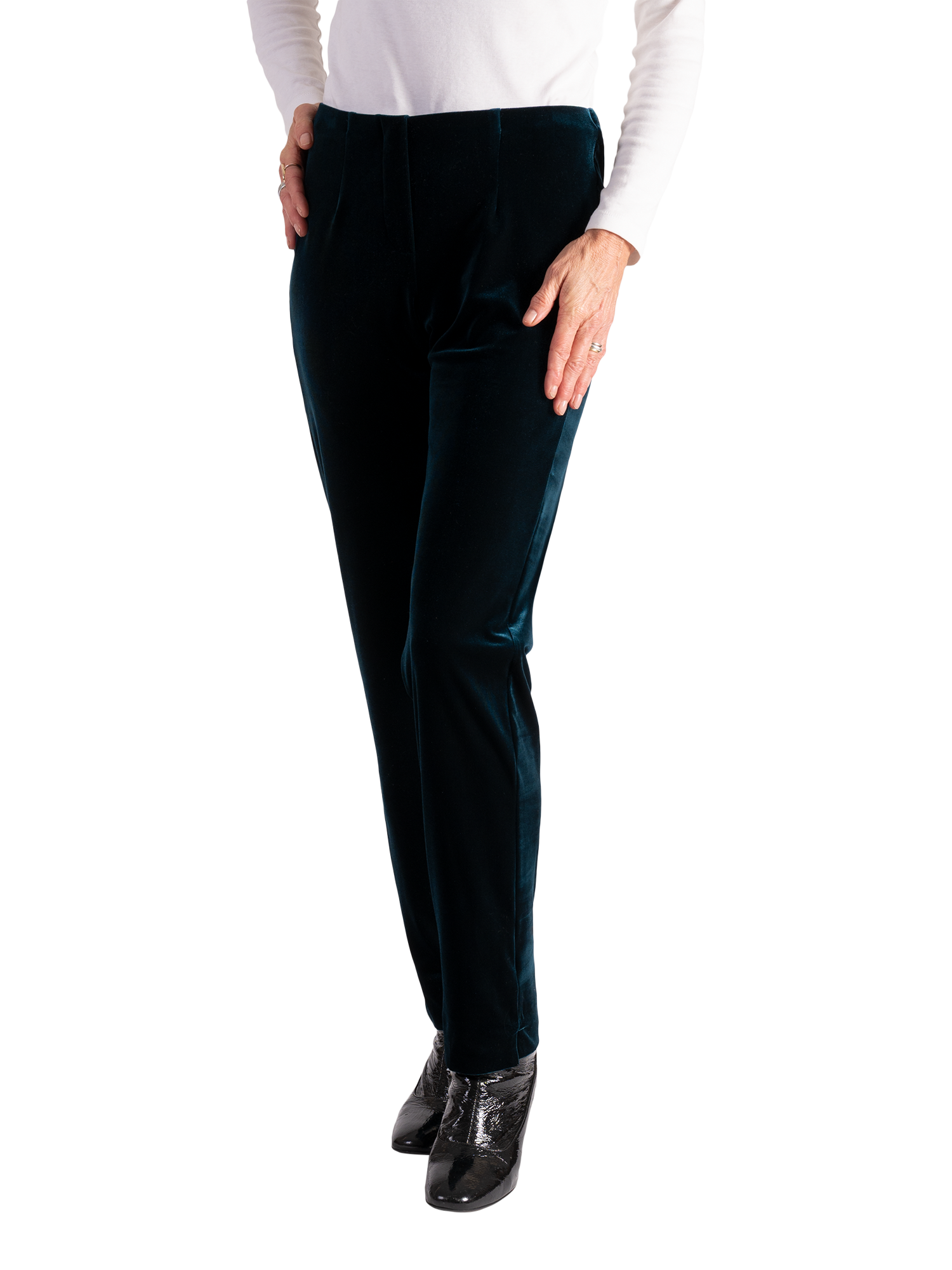 Product image 3 of 5, which shows chesca Stretch Velvet Slim Trousers, Teal, 12-14