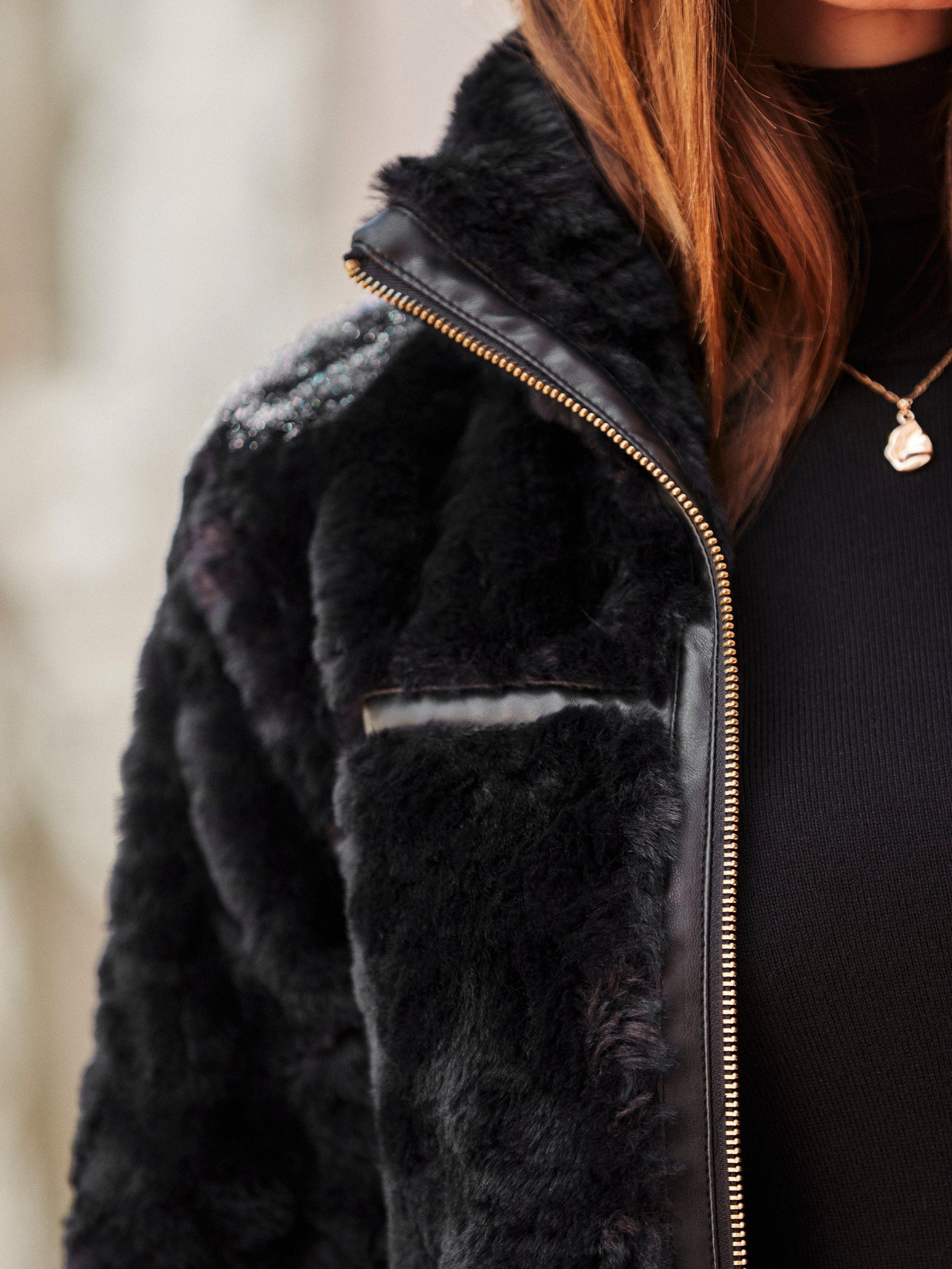 Product image 7 of 8, which shows Sosandar Faux Leather Trim Borg Coat, Black, 8