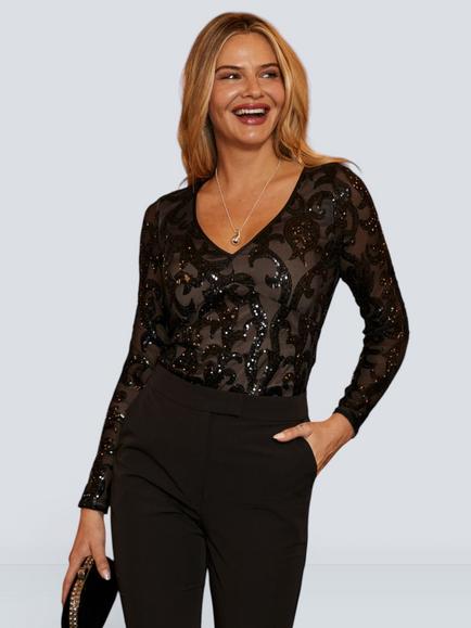Sosandar V-Neck Contrast Sequin Top, Black, Black