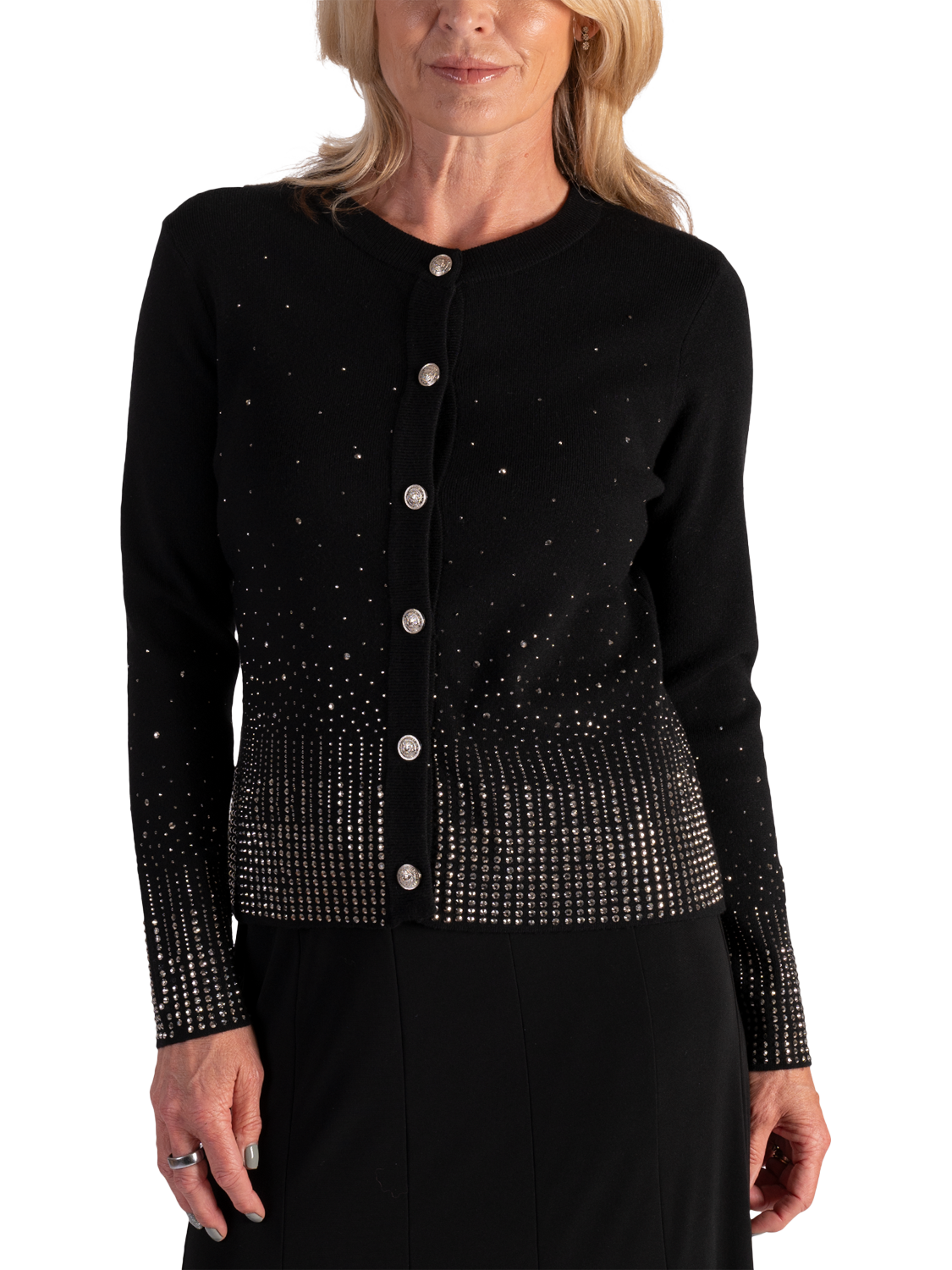 Product image 1 of 8, which shows chesca Diamanté Trimmed Knitted Jacket, Black, 12-14