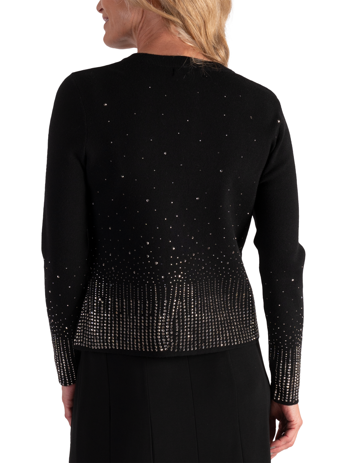 Product image 2 of 8, which shows chesca Diamanté Trimmed Knitted Jacket, Black, 12-14