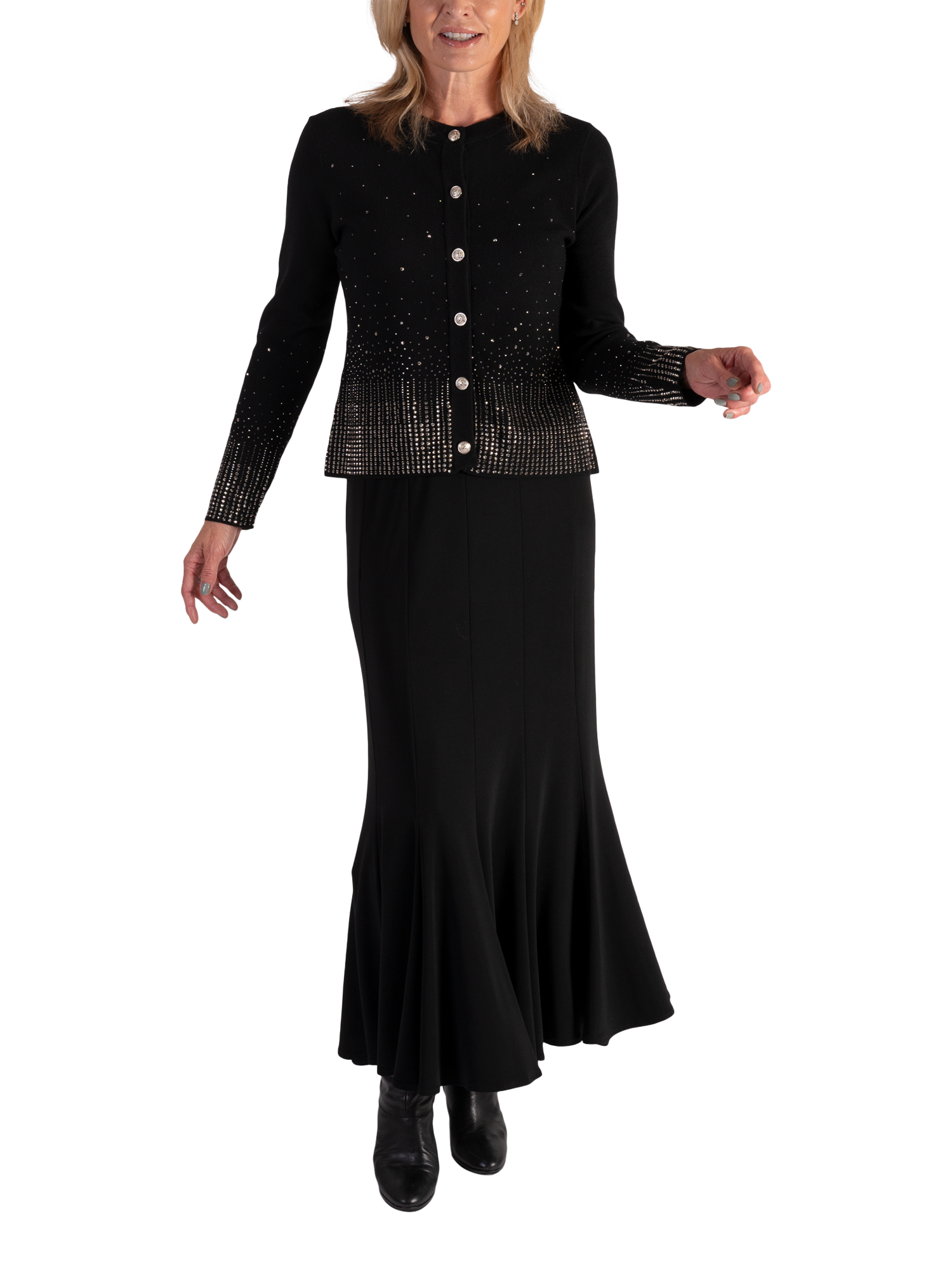 Product image 4 of 8, which shows chesca Diamanté Trimmed Knitted Jacket, Black, 12-14