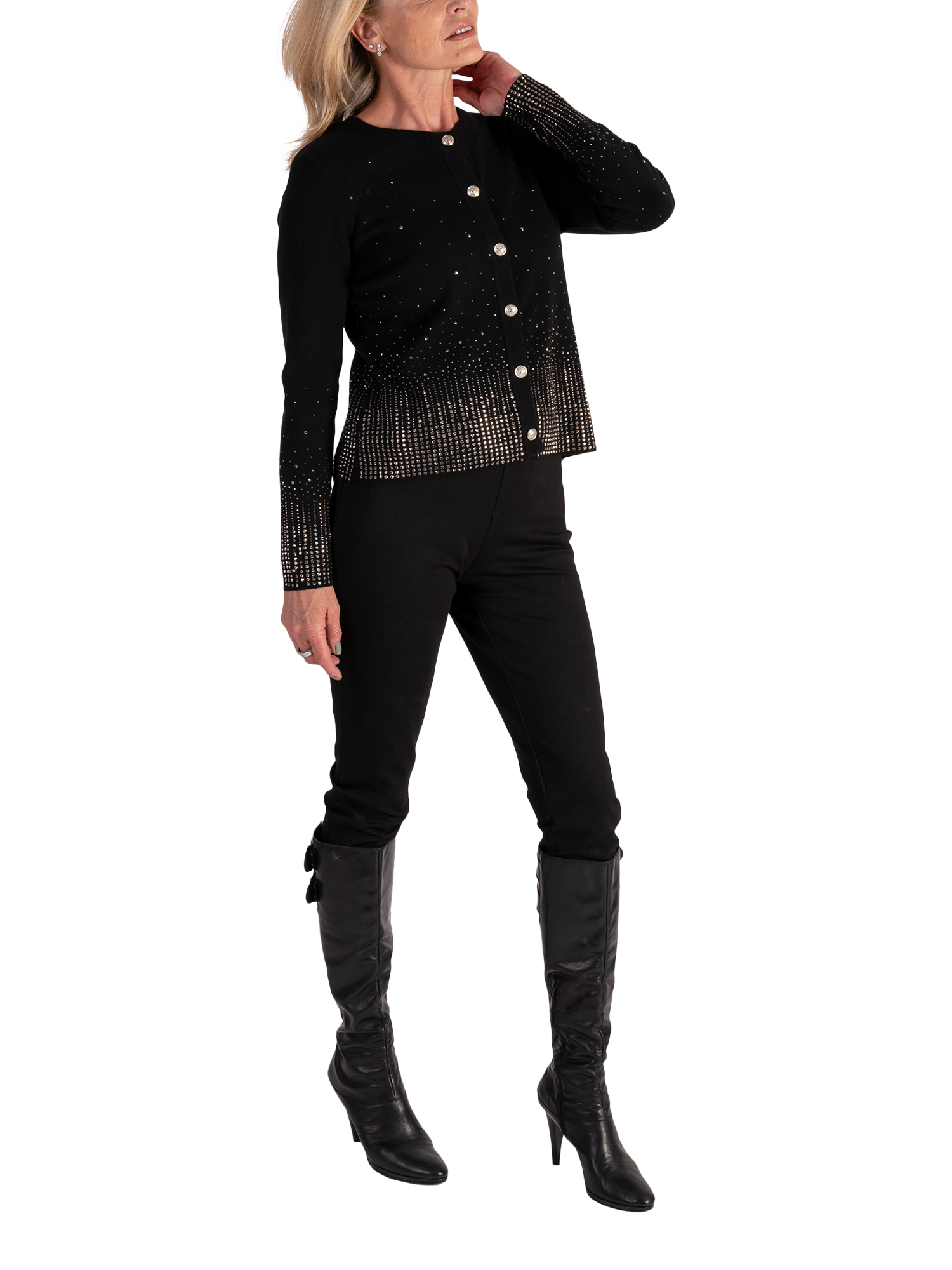 Product image 5 of 8, which shows chesca Diamanté Trimmed Knitted Jacket, Black, 12-14