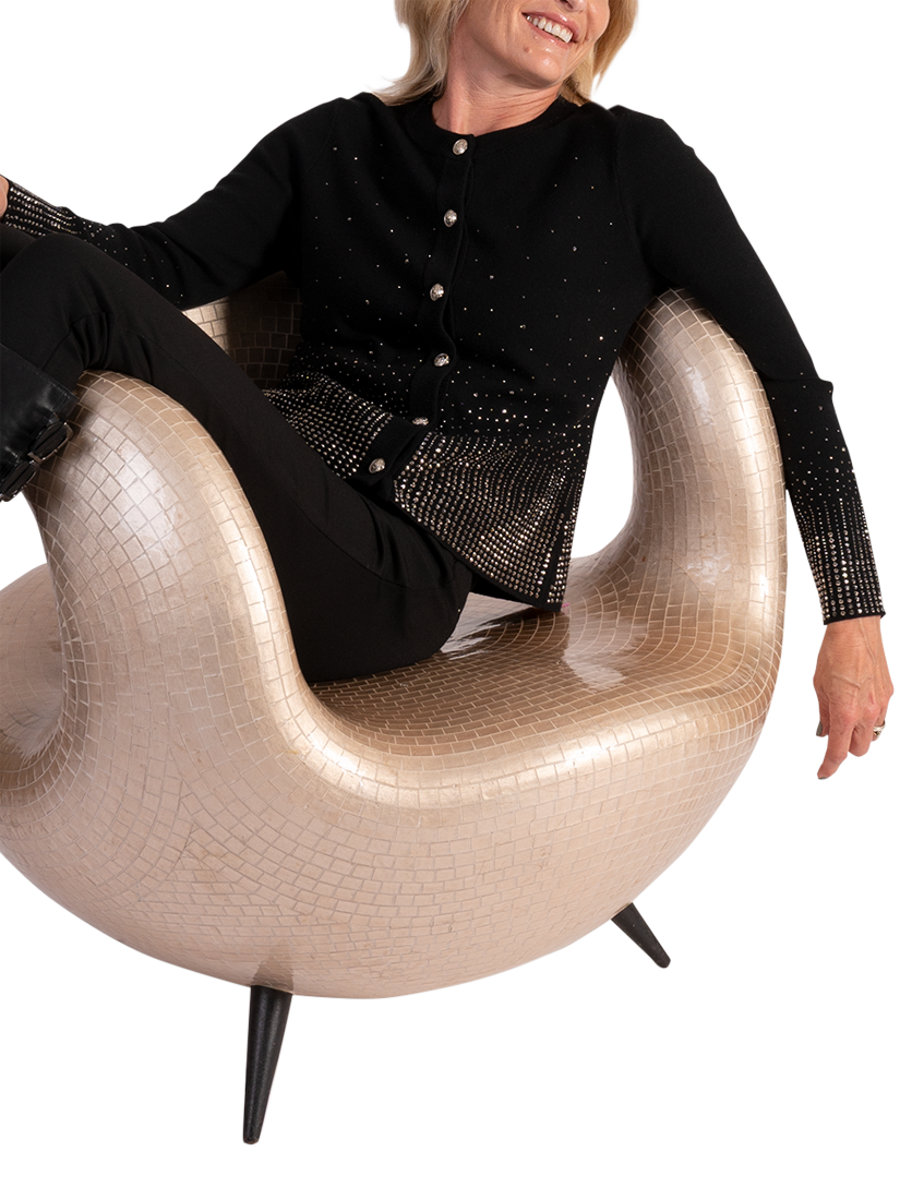 Product image 6 of 8, which shows chesca Diamanté Trimmed Knitted Jacket, Black, 12-14