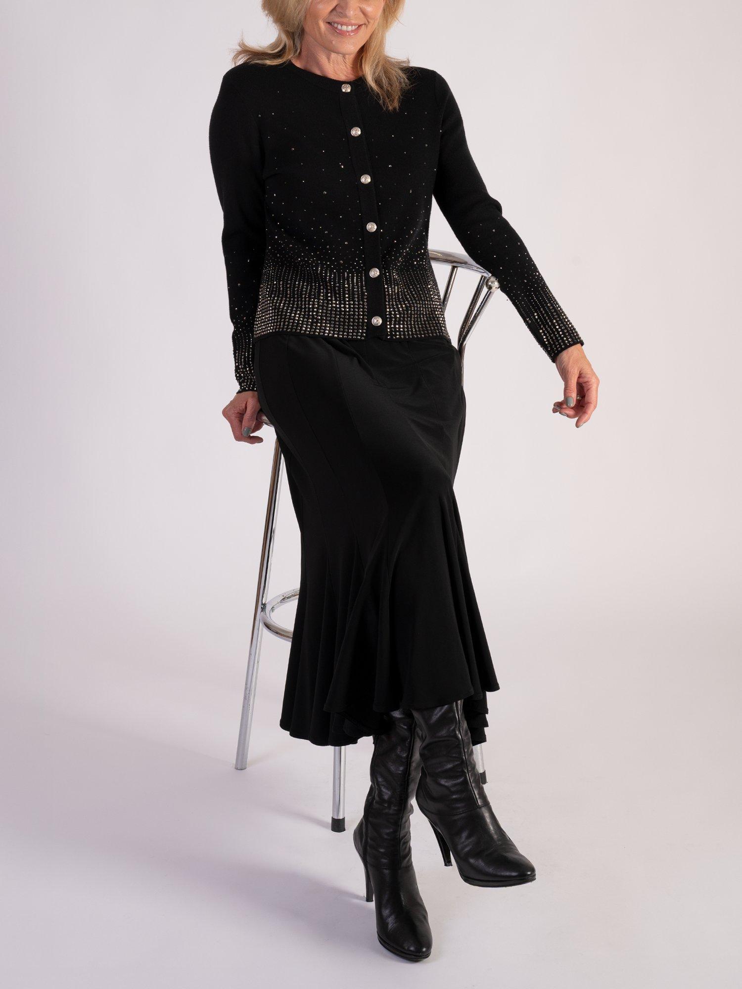 Product image 7 of 8, which shows chesca Diamanté Trimmed Knitted Jacket, Black, 12-14