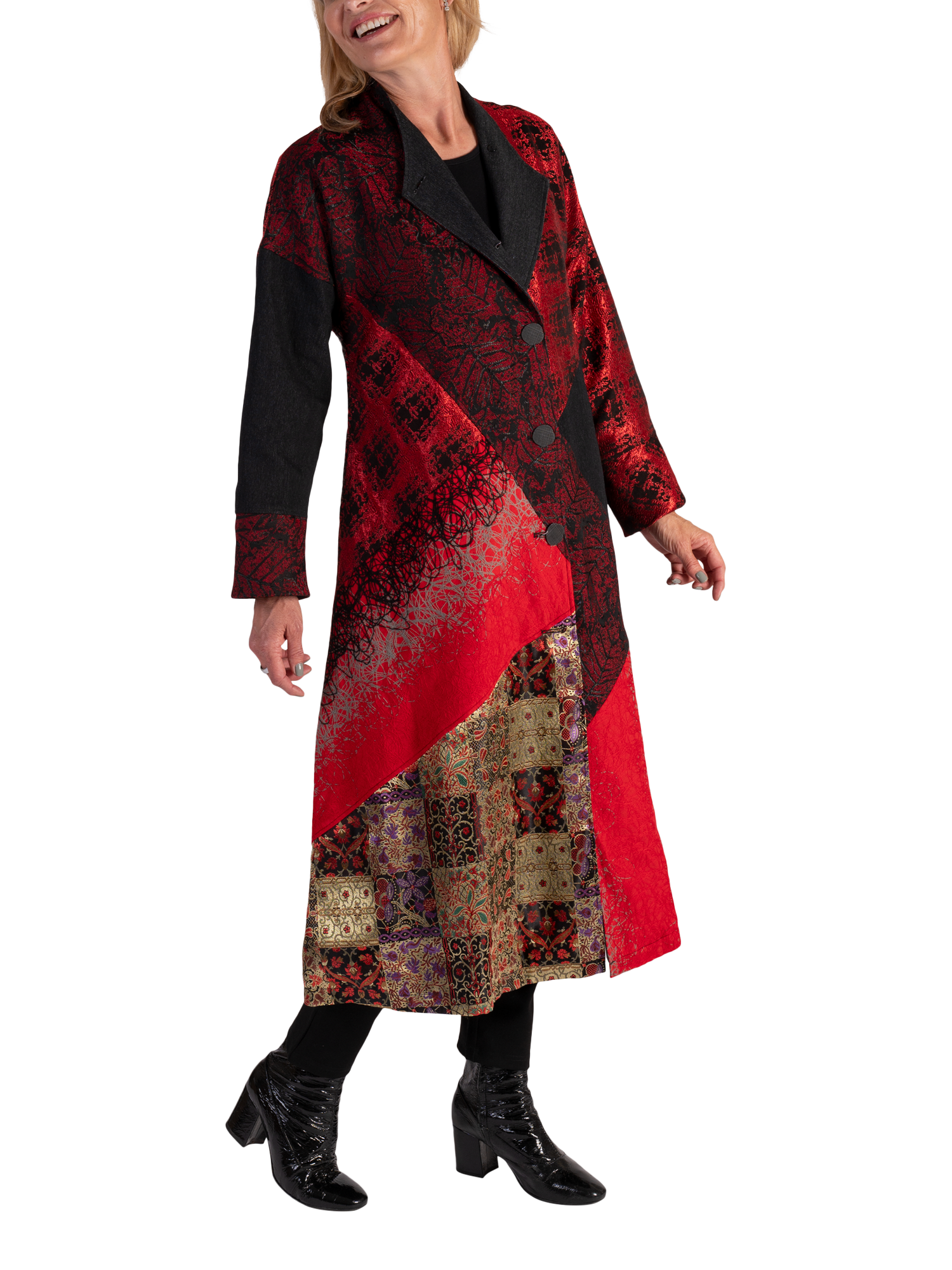 Product image 1 of 3, which shows chesca Jacquard Patchwork Longline Trapeze Coat, Red/Gold, 10-12