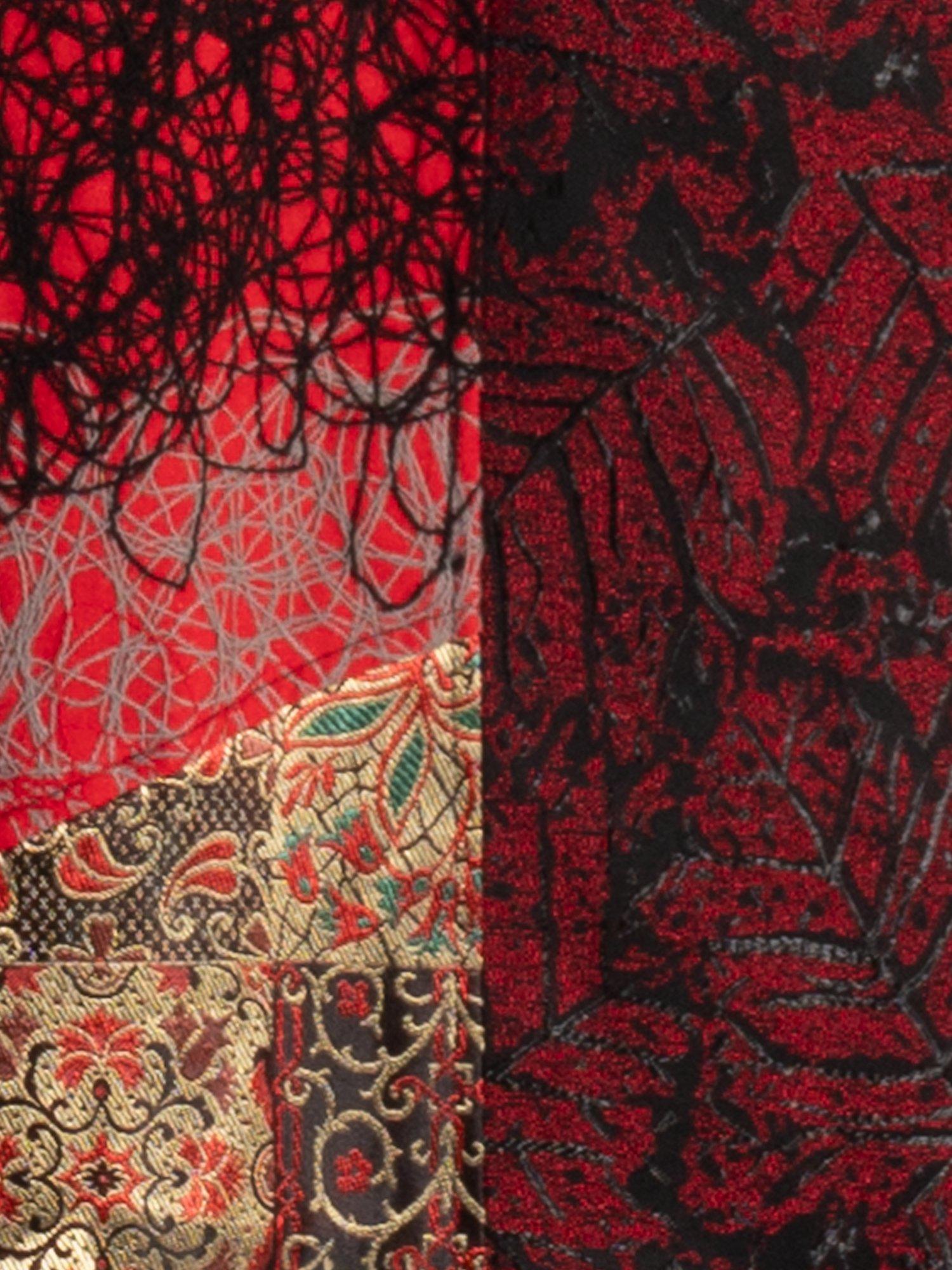 Product image 2 of 3, which shows chesca Jacquard Patchwork Longline Trapeze Coat, Red/Gold, 10-12