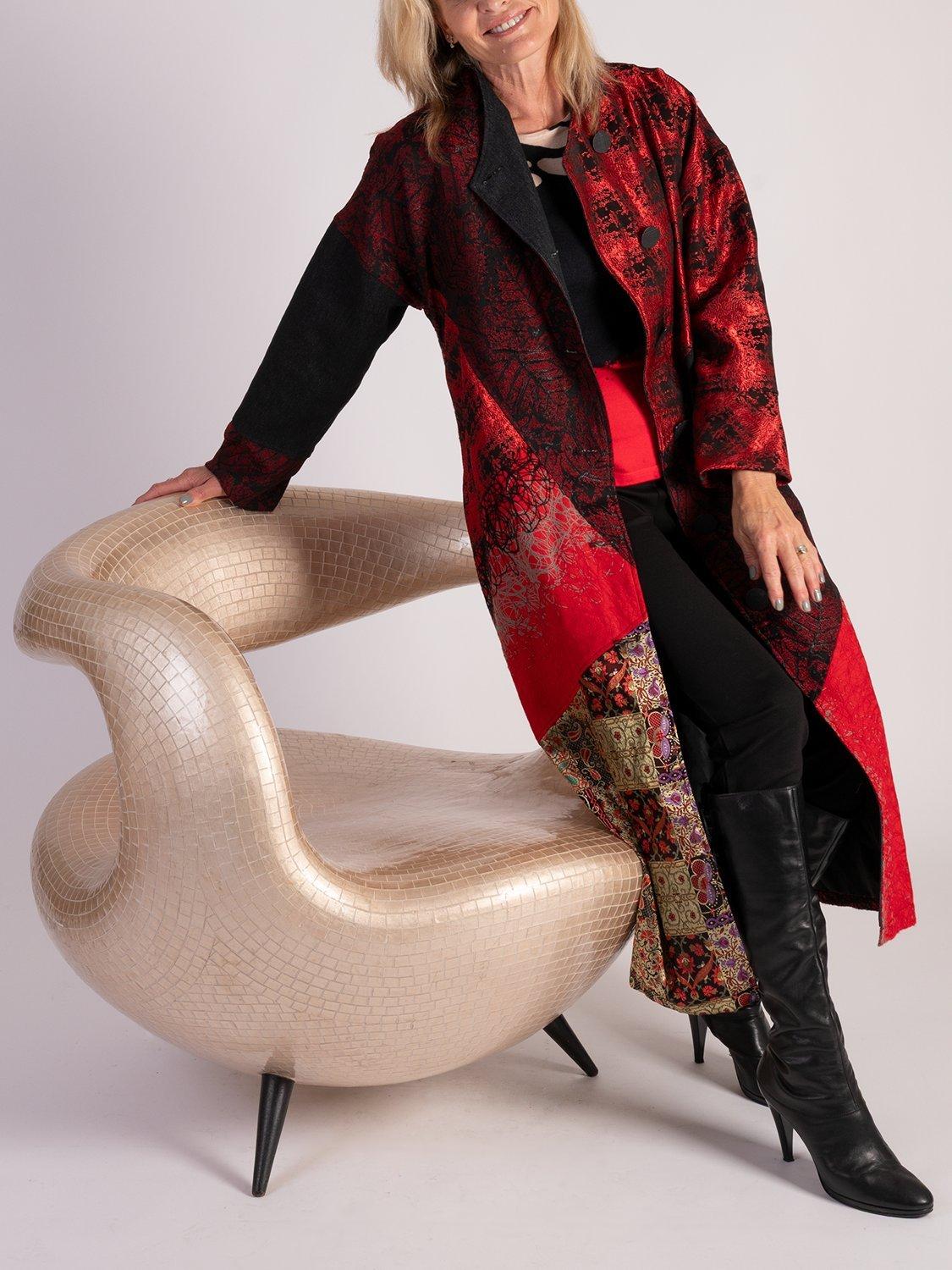 Product image 3 of 3, which shows chesca Jacquard Patchwork Longline Trapeze Coat, Red/Gold, 10-12