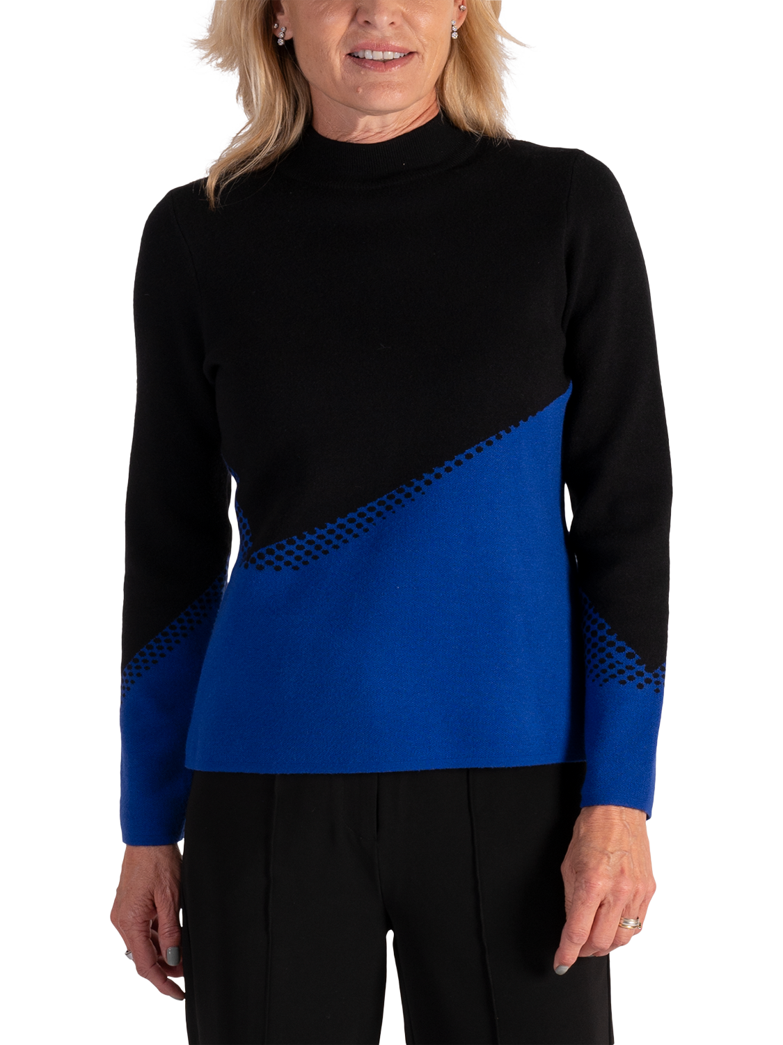 Product image 1 of 5, which shows chesca High Neck Colour Block Jumper, Black/Cobalt, 12-14