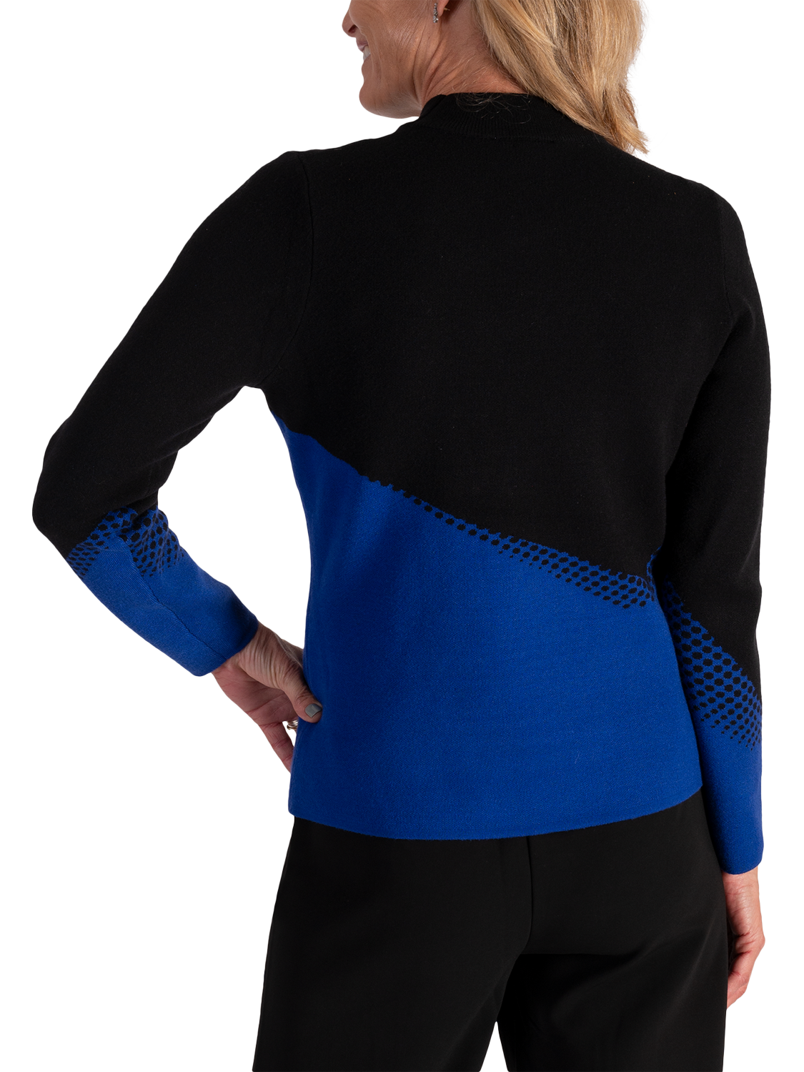 Product image 2 of 5, which shows chesca High Neck Colour Block Jumper, Black/Cobalt, 12-14