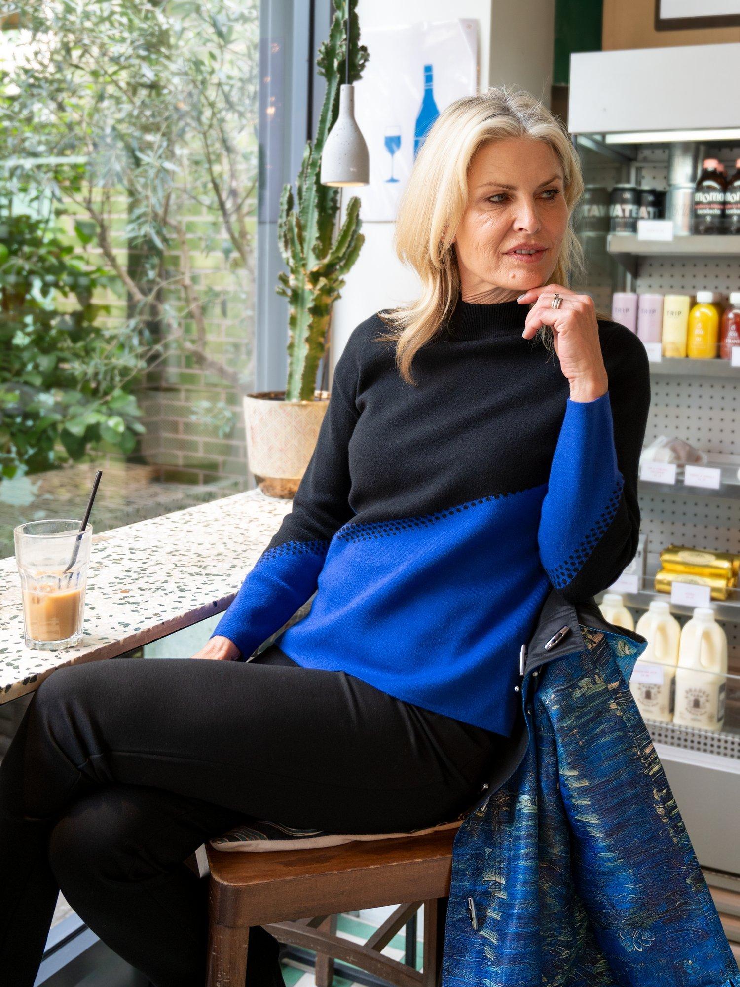 Product image 5 of 5, which shows chesca High Neck Colour Block Jumper, Black/Cobalt, 12-14