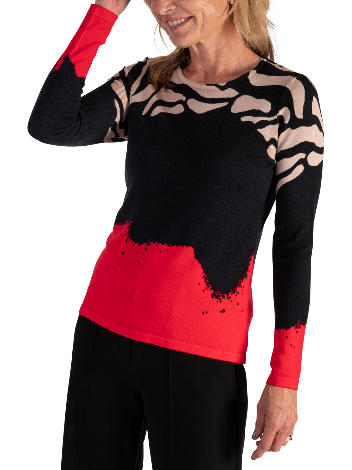 Product image 4 of 6, which shows chesca Fine Knit Long Sleeved Jumper, Black/Red, 14-16