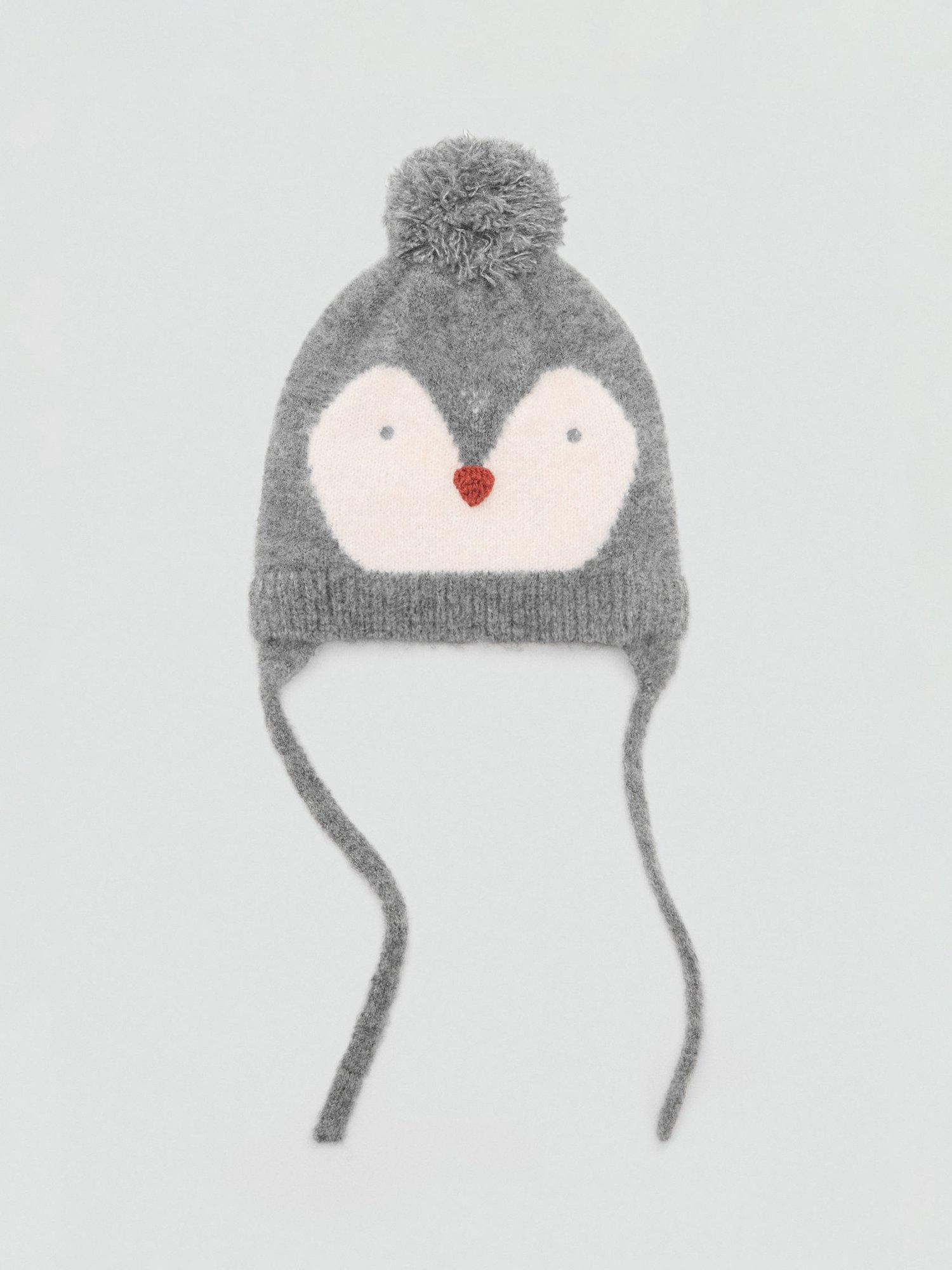 Product image 1 of 3, which shows Mango Baby Penguin Pom-Pom Trapper Hat, Grey, 1-3 months