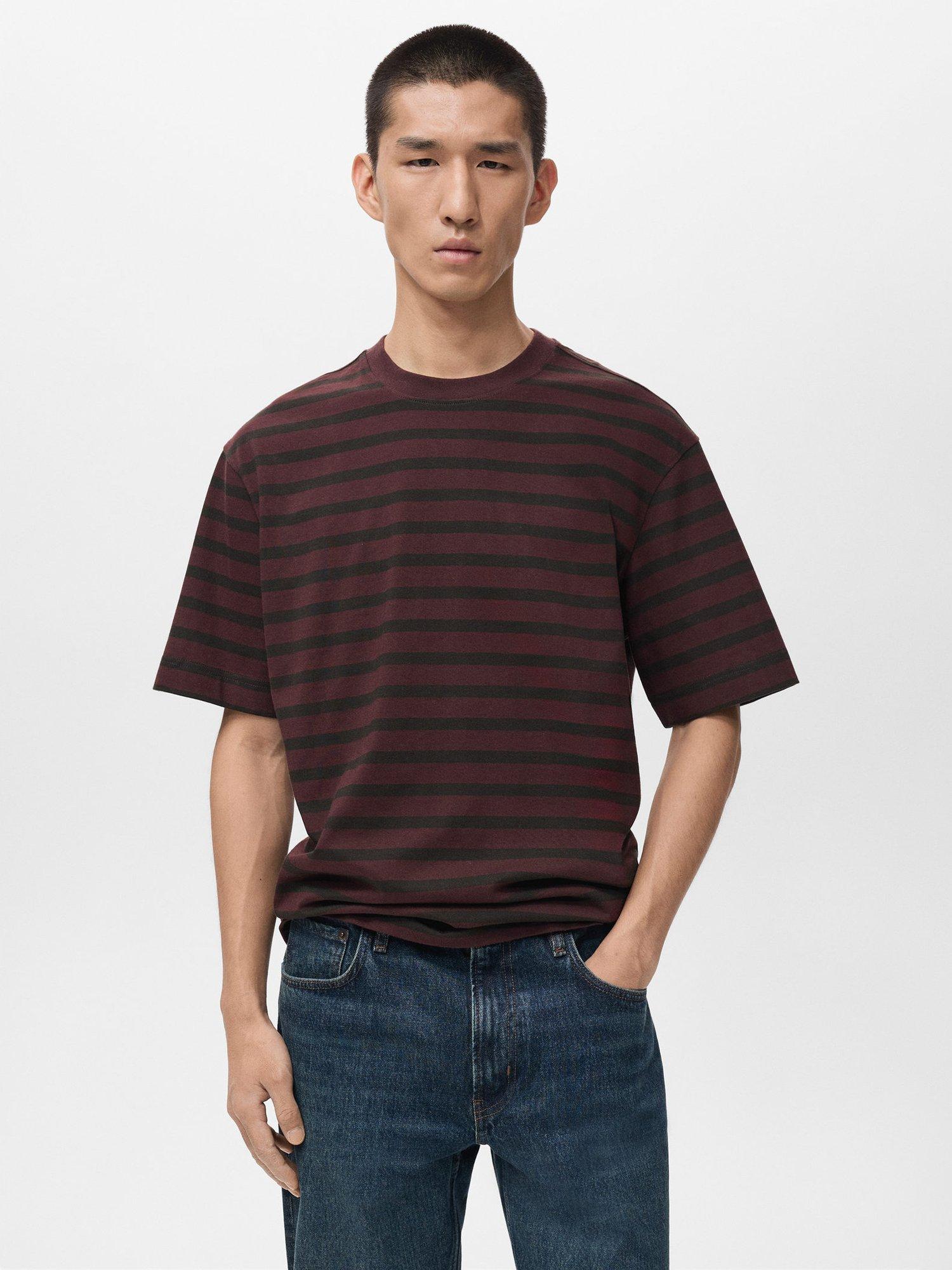 Product image 1 of 8, which shows Mango Cotton Regular Fit Short Sleeve Stripe T-Shirt, Dark Red, XXL