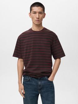 Mango Cotton Regular Fit Short Sleeve Stripe T-Shirt, Dark Red, Dark Red