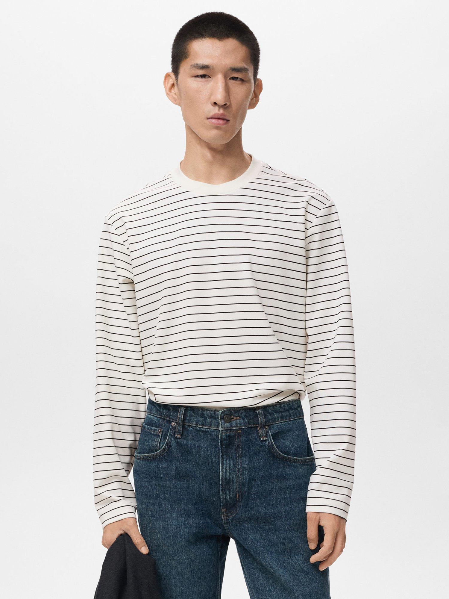 Product image 1 of 9, which shows Mango Regular Fit Long Sleeve Stripe T-Shirt, Light Beige, M