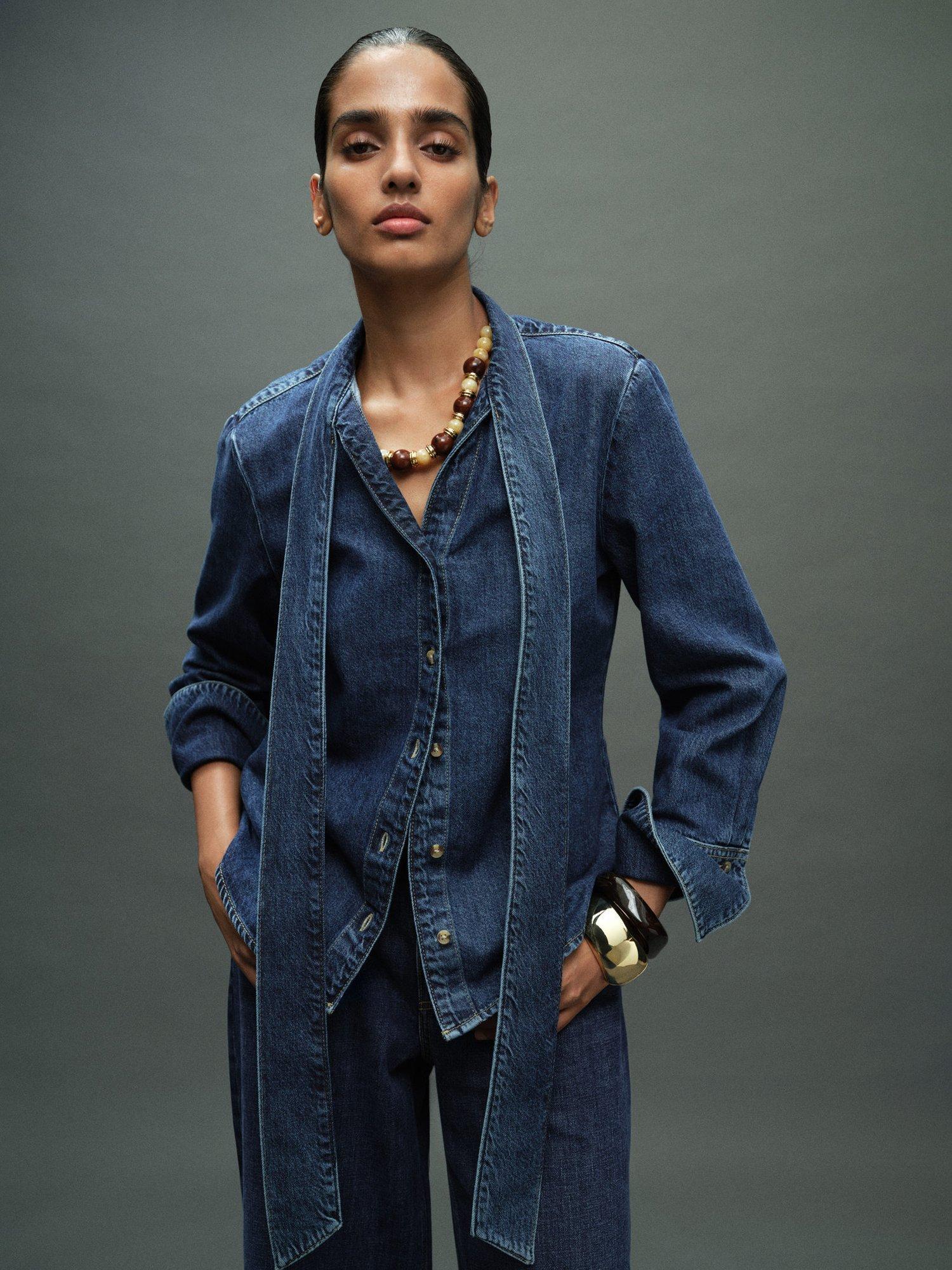 Product image 1 of 7, which shows Mango Rue Bow Detail Denim Shirt , Open Blue, 8