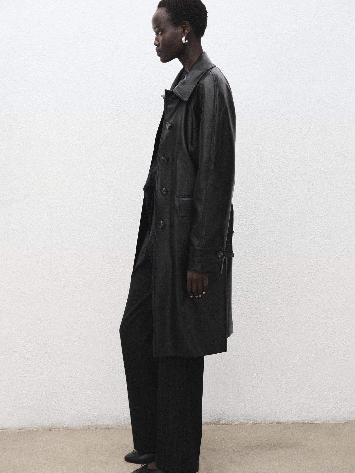 Product image 2 of 7, which shows Mango Petra Longline Faux Leather Trench Coat , Black, L