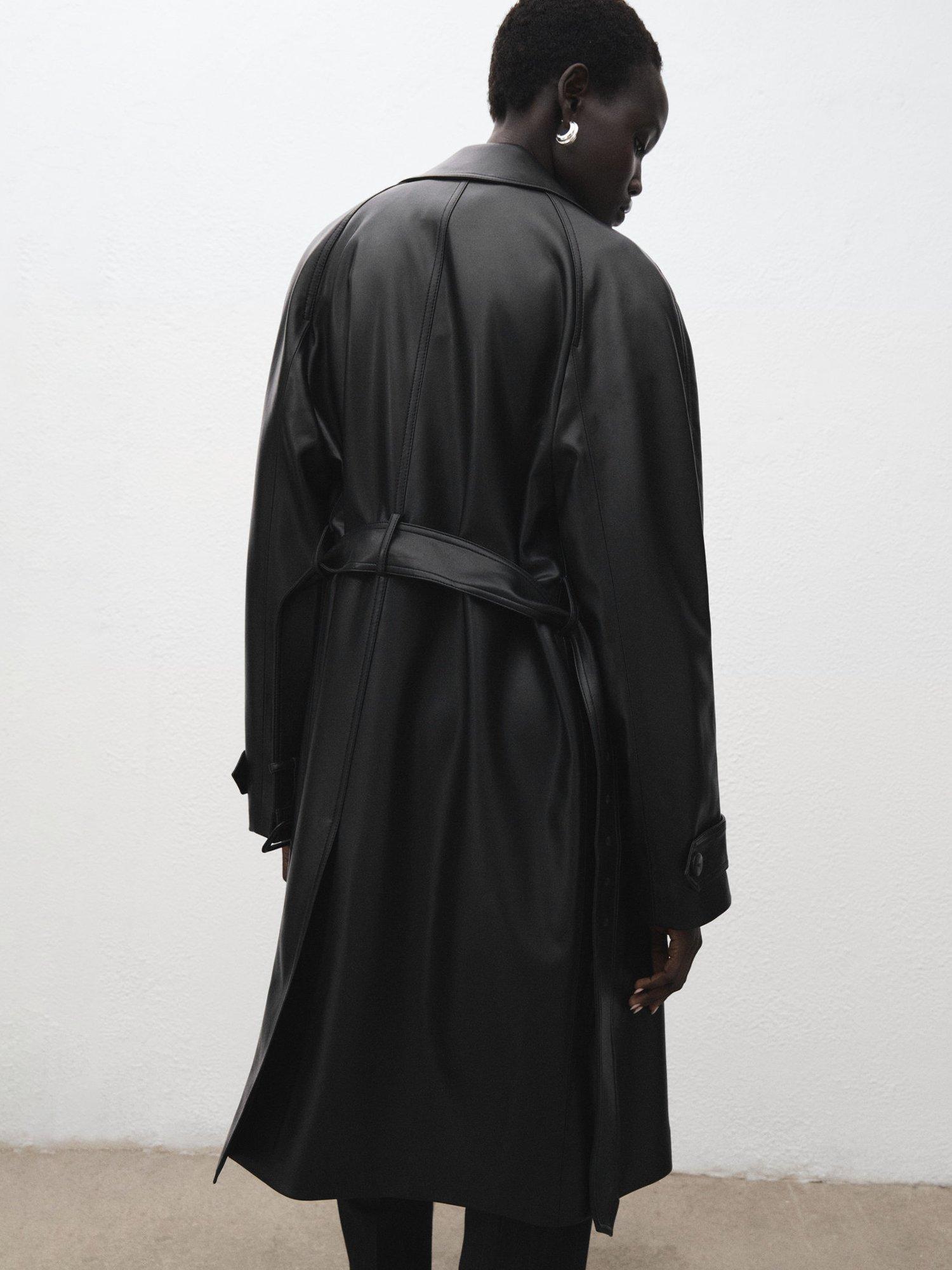 Product image 4 of 7, which shows Mango Petra Longline Faux Leather Trench Coat , Black, L