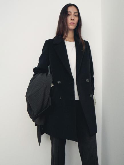 Mango Dali Double Breasted Wool Blend Coat, Black