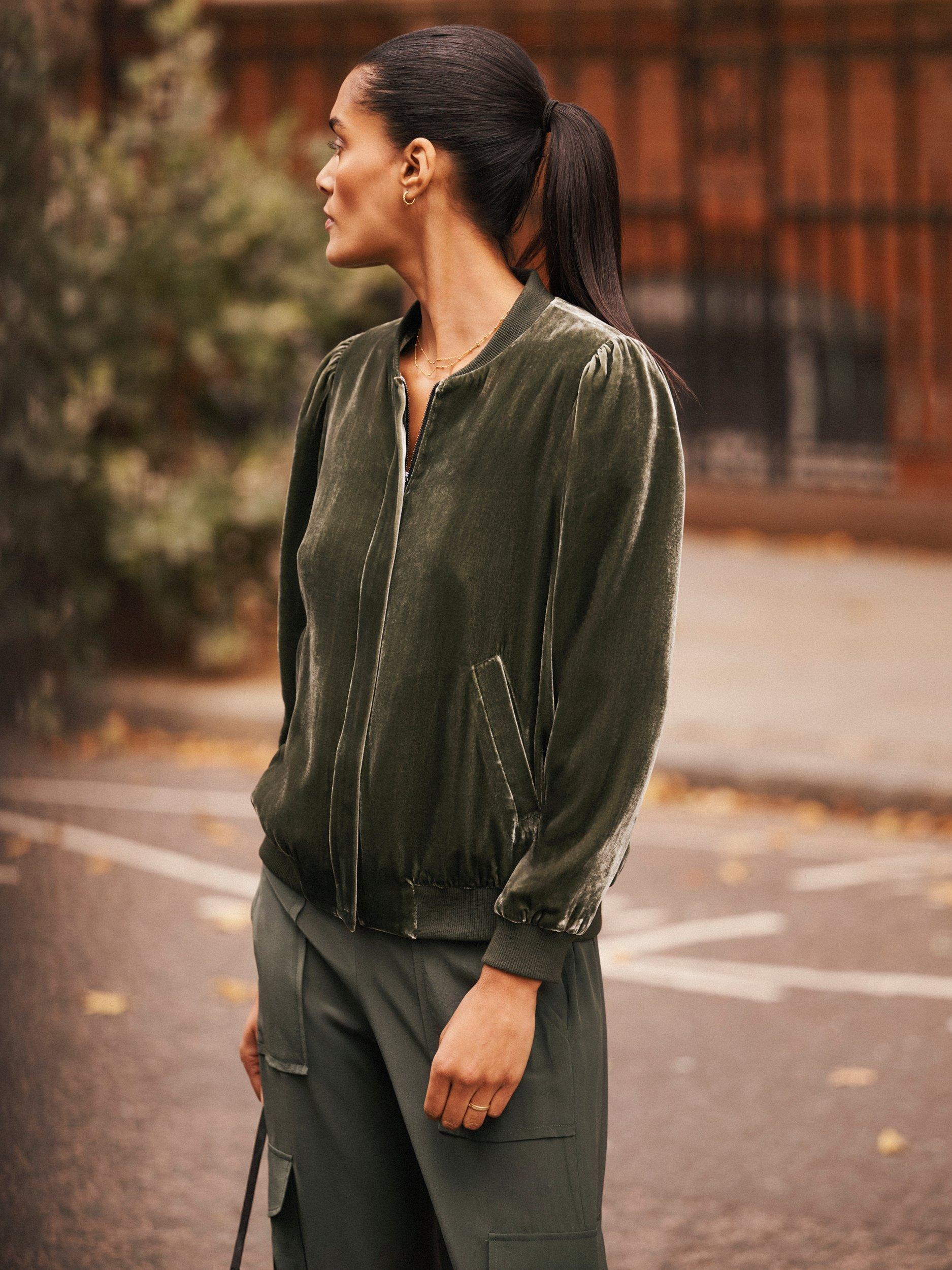 Product image 2 of 8, which shows NRBY Bailey Velvet Bomber Jacket, Khaki, XS