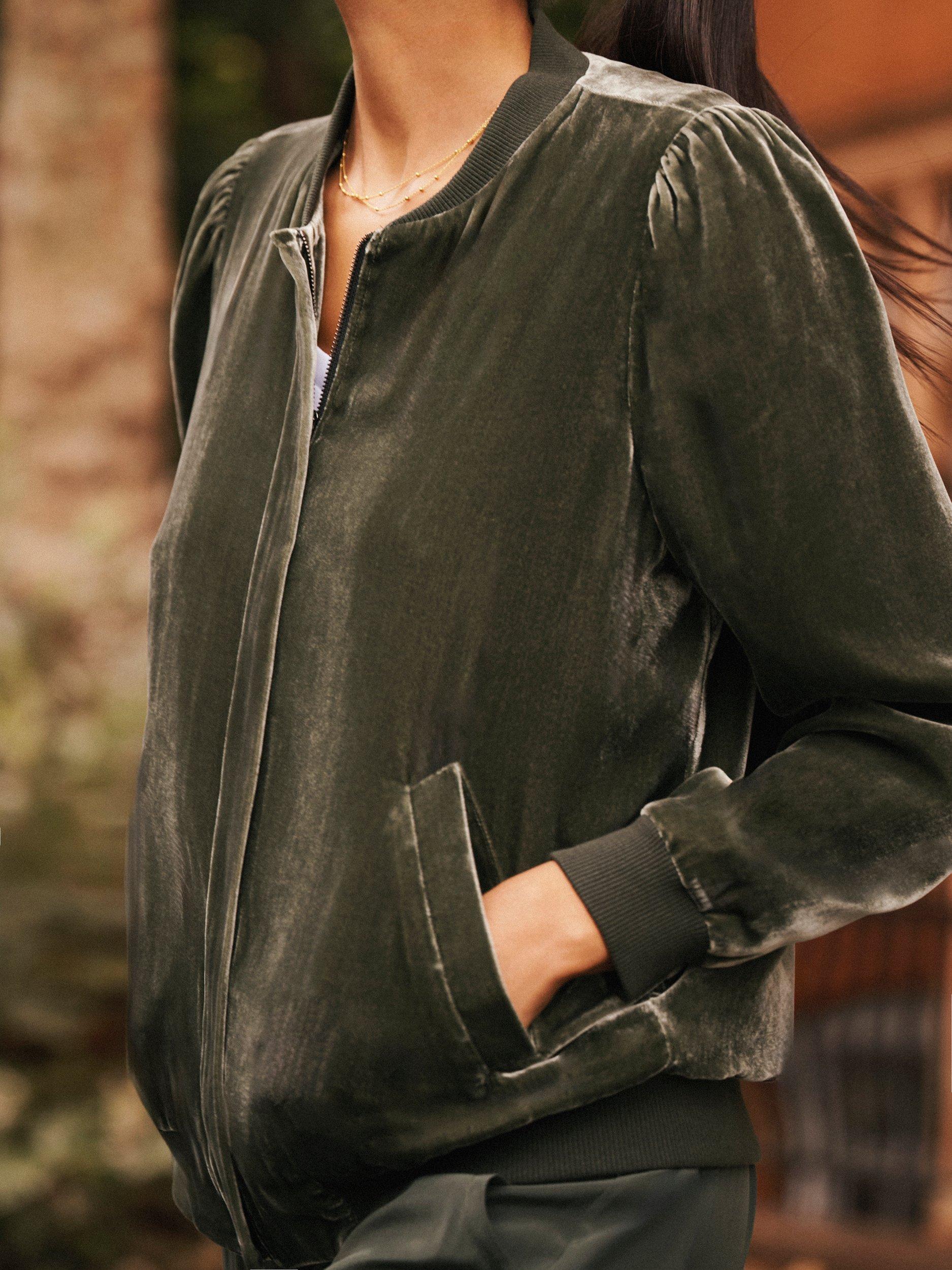 Product image 3 of 8, which shows NRBY Bailey Velvet Bomber Jacket, Khaki, XS