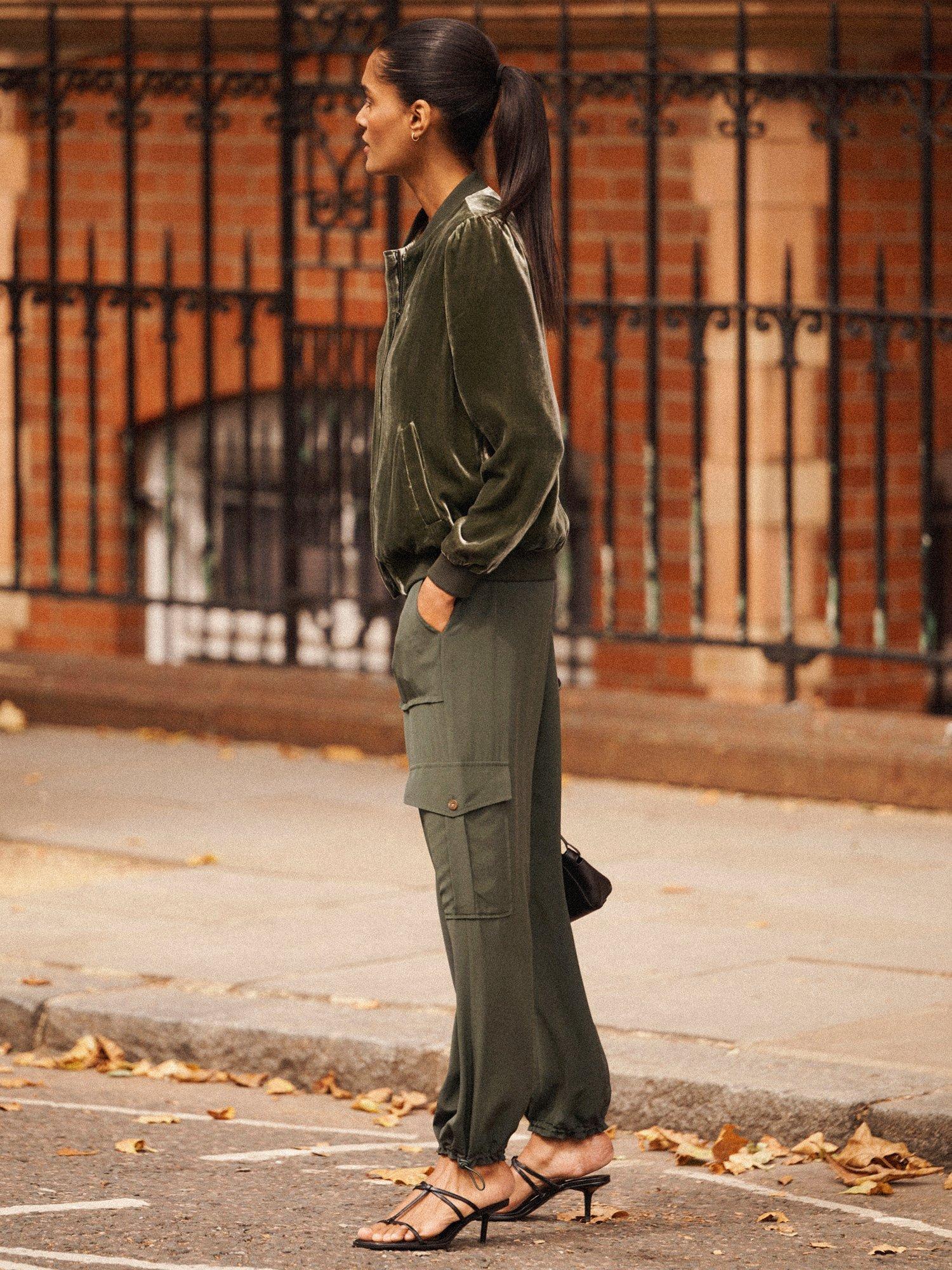 Product image 5 of 8, which shows NRBY Bailey Velvet Bomber Jacket, Khaki, XS