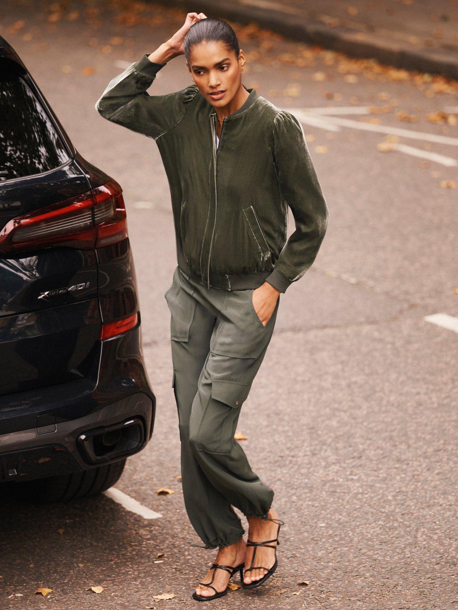 Product image 6 of 8, which shows NRBY Bailey Velvet Bomber Jacket, Khaki, XS