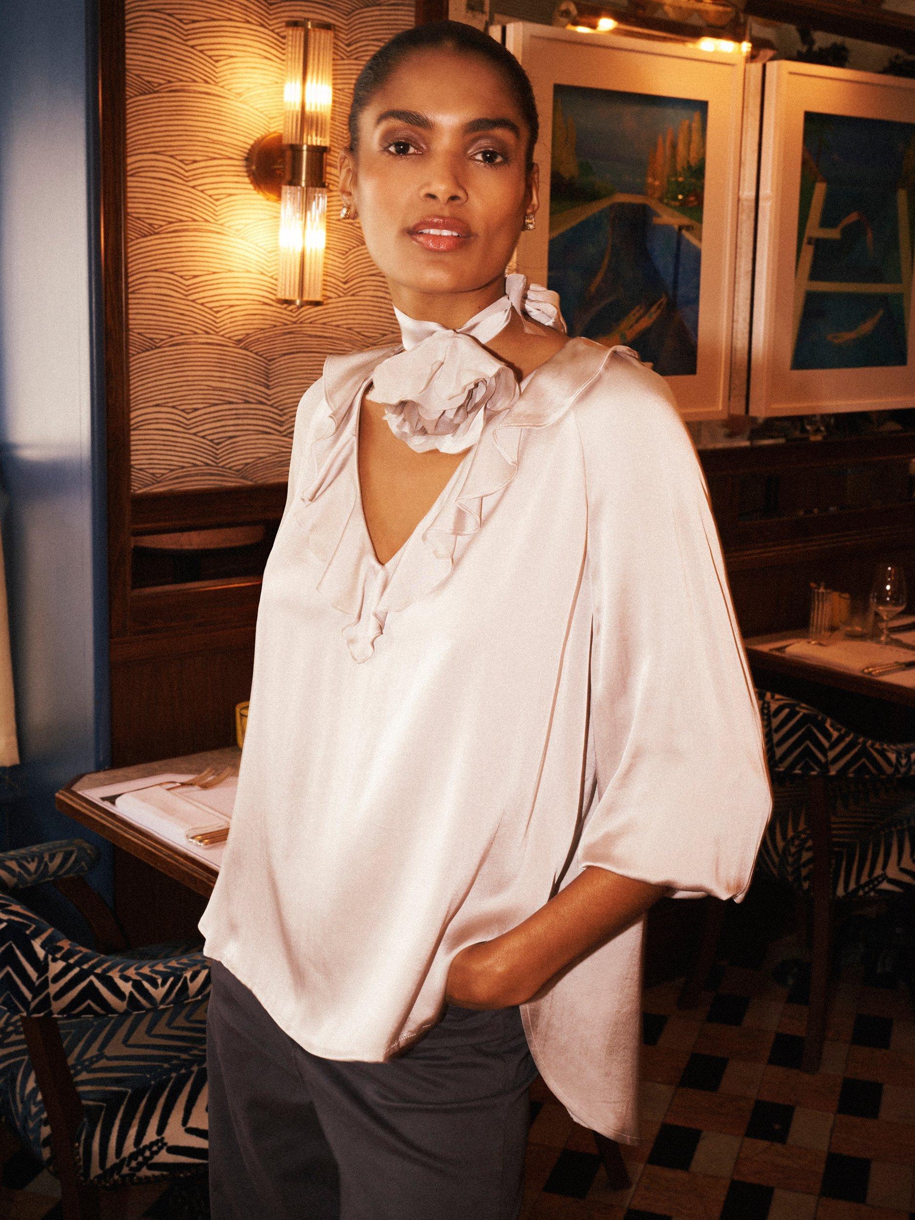 Product image 4 of 8, which shows NRBY Alberta Frill Pure Silk Top, Pearl Grey, XS