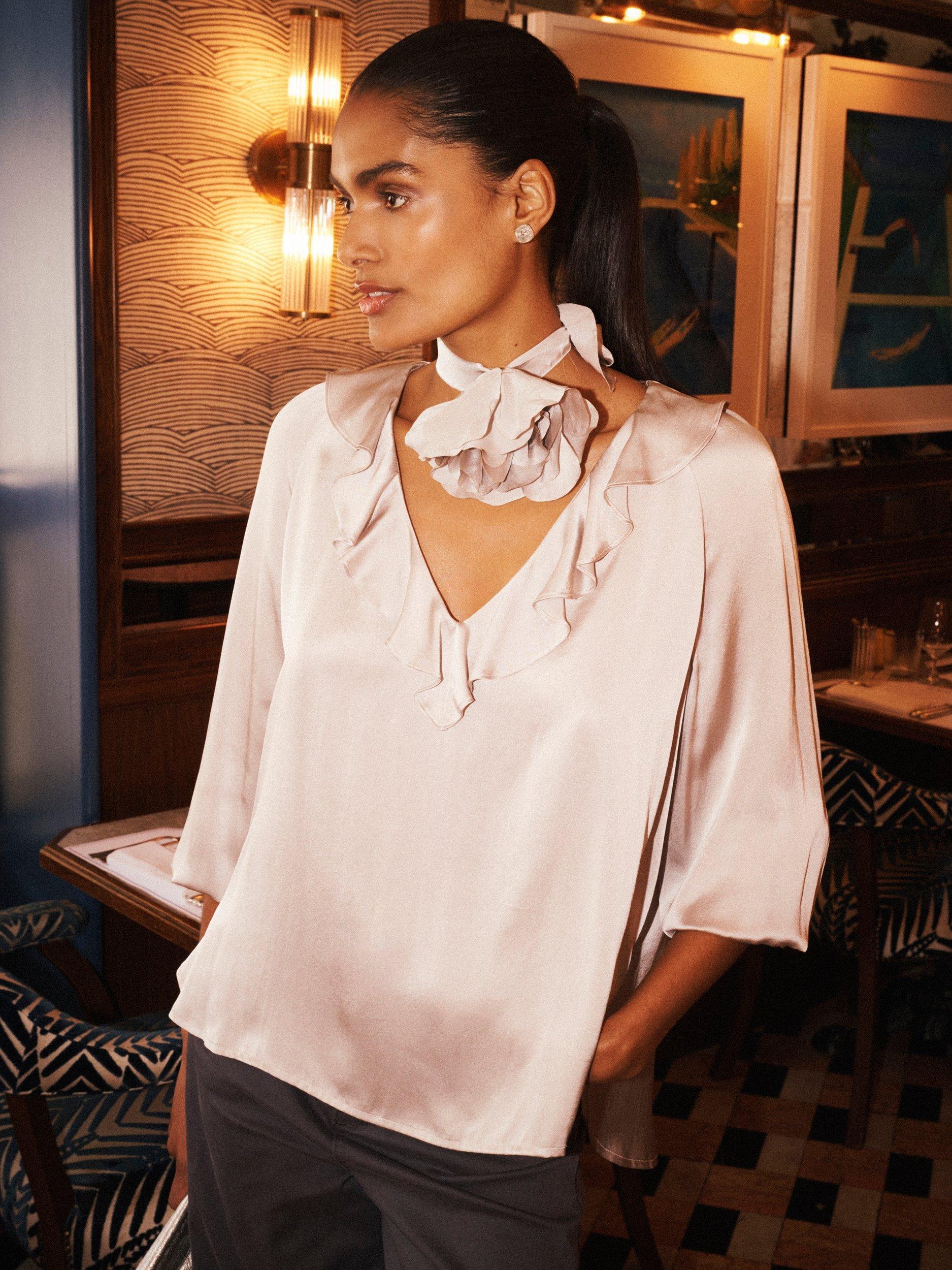 Product image 6 of 8, which shows NRBY Alberta Frill Pure Silk Top, Pearl Grey, XS