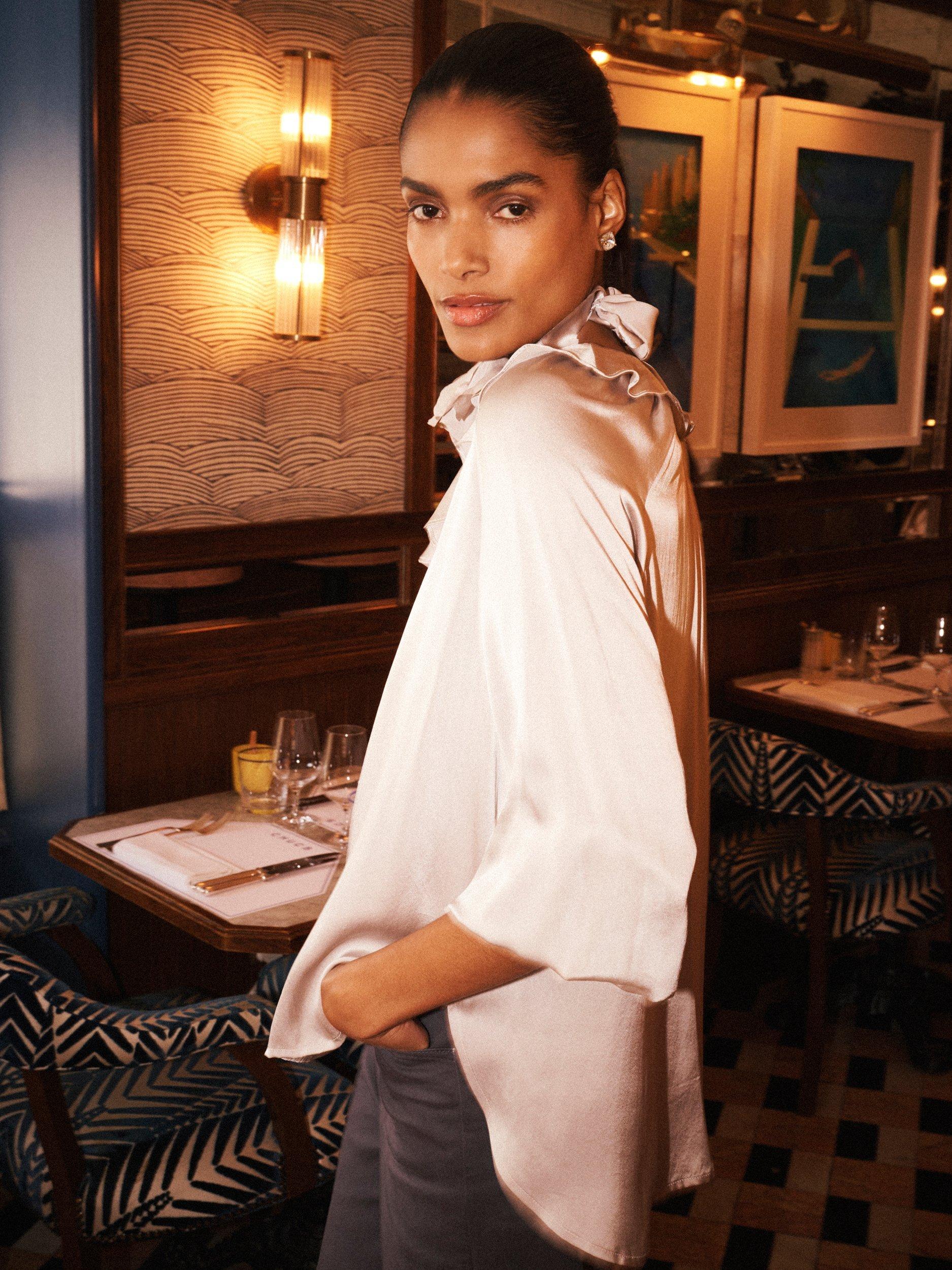 Product image 7 of 8, which shows NRBY Alberta Frill Pure Silk Top, Pearl Grey, XS