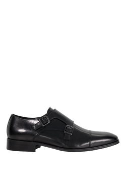 Dune London Solutions Leather Double Buckle Monk Shoes, Black, Black
