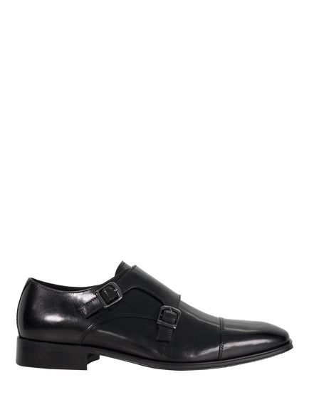 Dune London Solutions Leather Double Buckle Monk Shoes, Black, Black