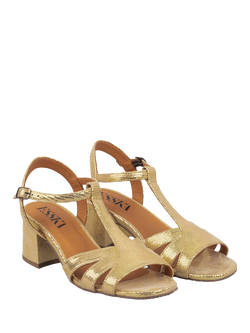 Esska Gabby Leather Low Block Heel Strappy Sandals, Gold - view 2, Gold