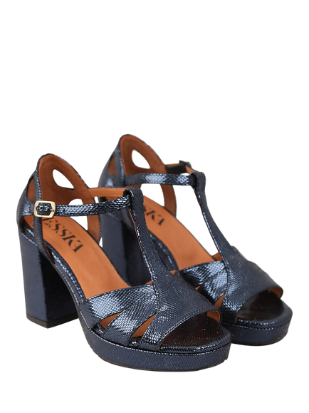 Esska Valerie Metallic Leather Block Heel Sandals, Navy - view 2, Navy