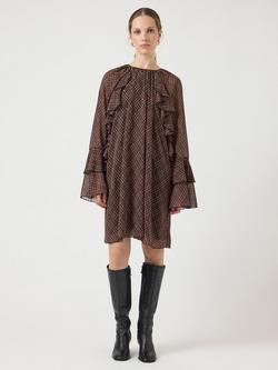 YAS Ruffle Check Mini Shift Dress, Brown/Multi, Brown Multi