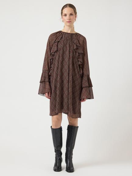 YAS Ruffle Check Mini Shift Dress, Brown/Multi, Brown Multi