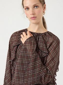 YAS Ruffle Check Mini Shift Dress, Brown/Multi - view 2, Brown Multi