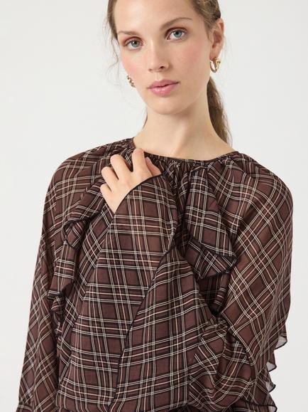 YAS Ruffle Check Mini Shift Dress, Brown/Multi - view 2, Brown Multi