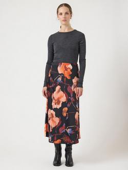 YAS Pella Floral Print Midi Slip Skirt, Black/Multi