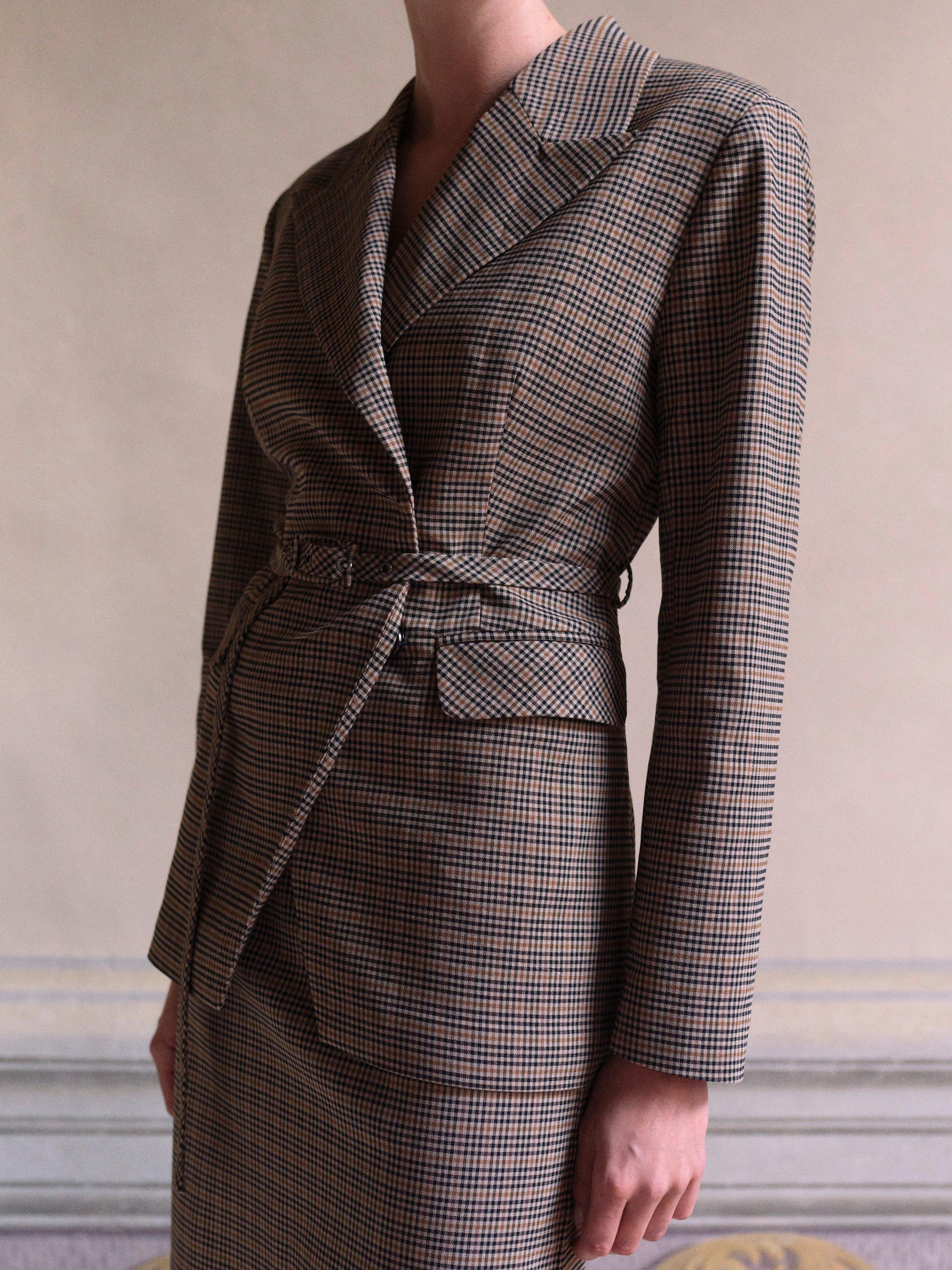 Product image 1 of 4, which shows YAS Fira Check Wrap Front Blazer, Brown Multi, 6