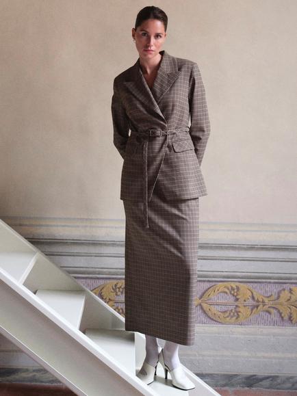 YAS Fira Check Wrap Front Blazer, Brown Multi - view 2, Brown Multi