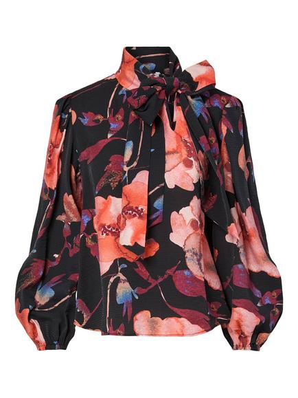 YAS Pilana Tie Neck Floral Print Top, Black/Multi