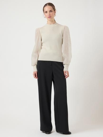 YAS Dot Balloon Sleeve Knitted Crew Neck Jumper, Cream