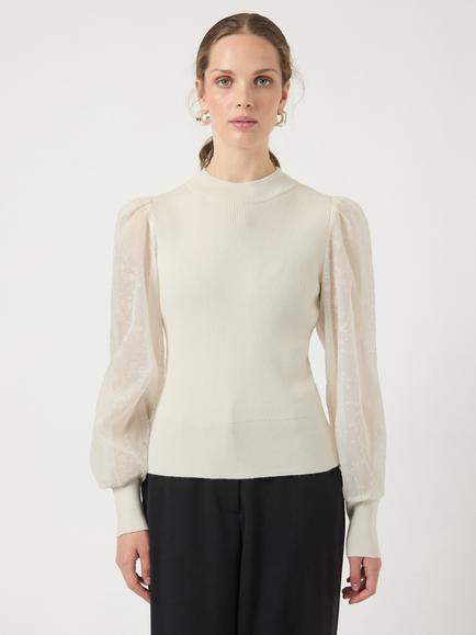 YAS Dot Balloon Sleeve Knitted Crew Neck Jumper - view 2, Cream