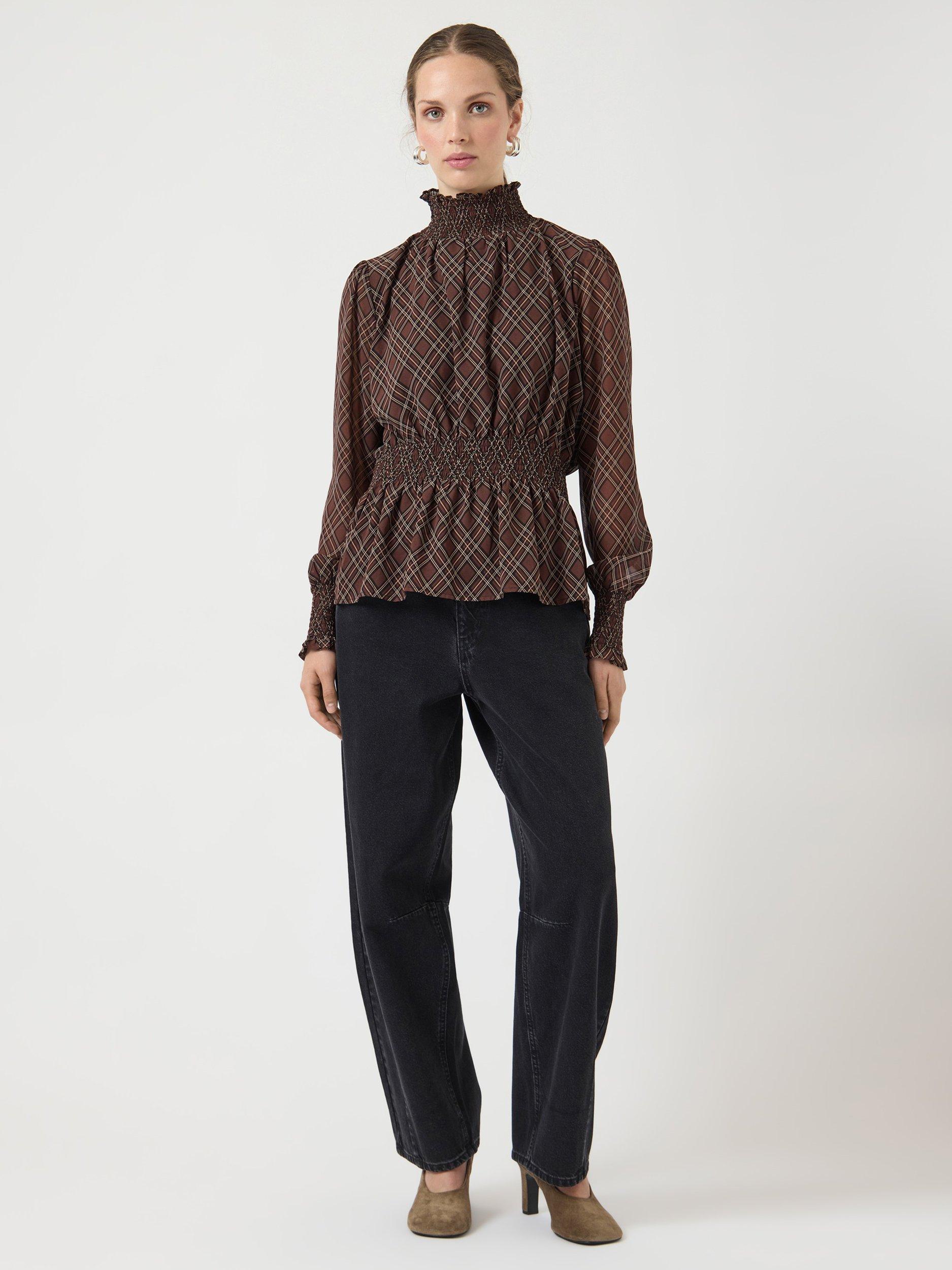 Product image 1 of 6, which shows YAS Ruched Waist Check Print High Neck Blouse , Brown Multi, 6