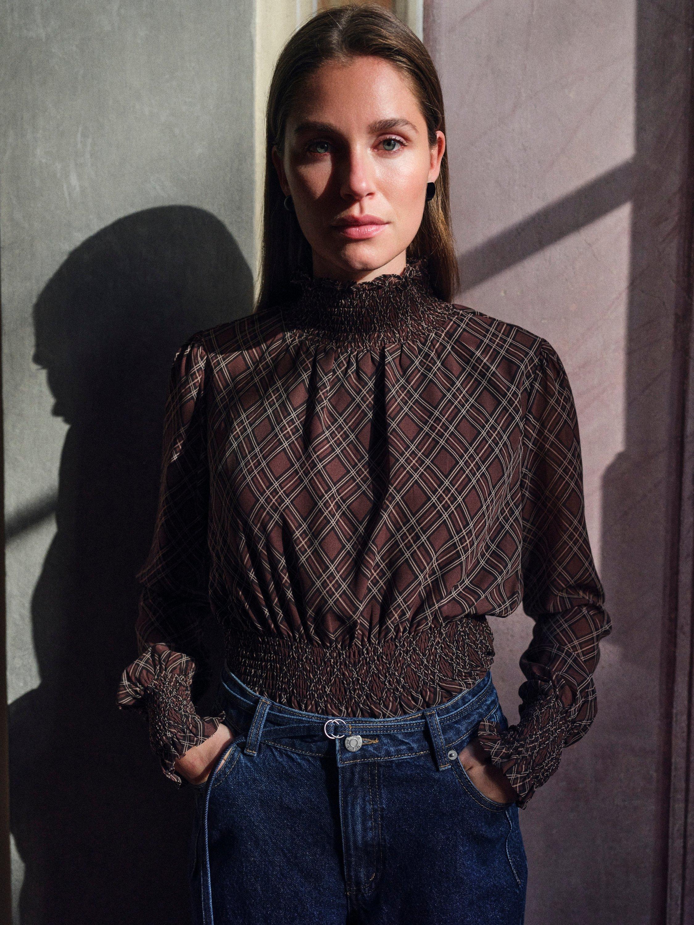 Product image 2 of 6, which shows YAS Ruched Waist Check Print High Neck Blouse , Brown Multi, 6