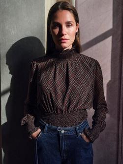 YAS Ruched Waist Check Print High Neck Blouse - view 2, Brown Multi