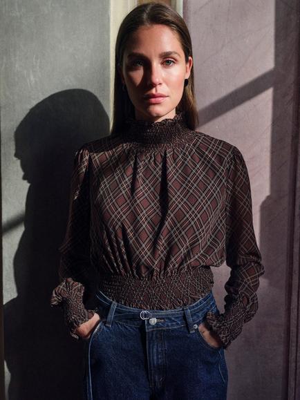 YAS Ruched Waist Check Print High Neck Blouse, Brown Multi